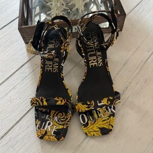 Versace Jeans Collection Black and Gold Patterned Sandals